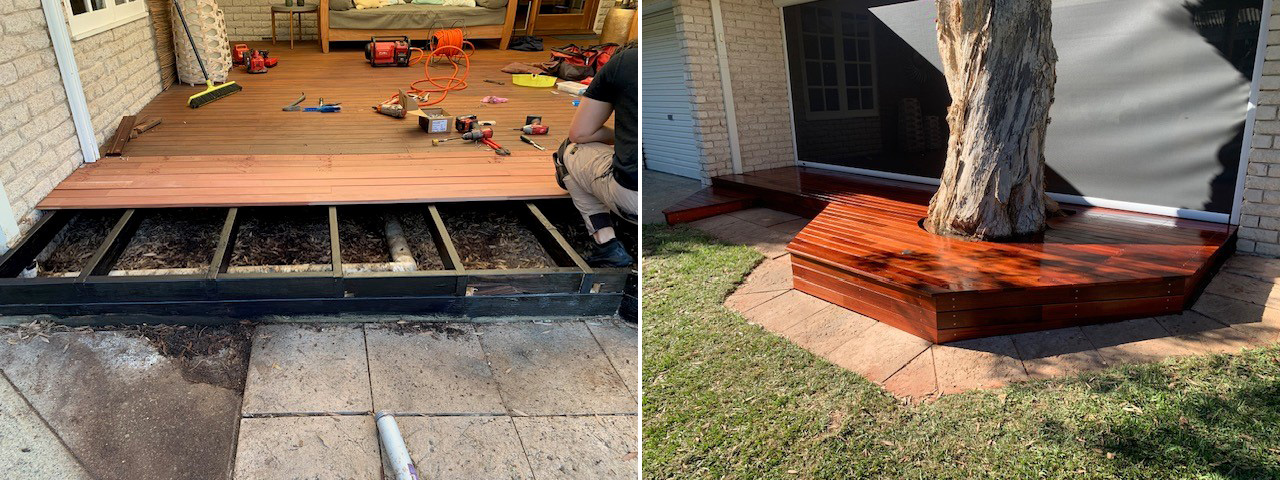 Before and after of jarrah decking being restored width=